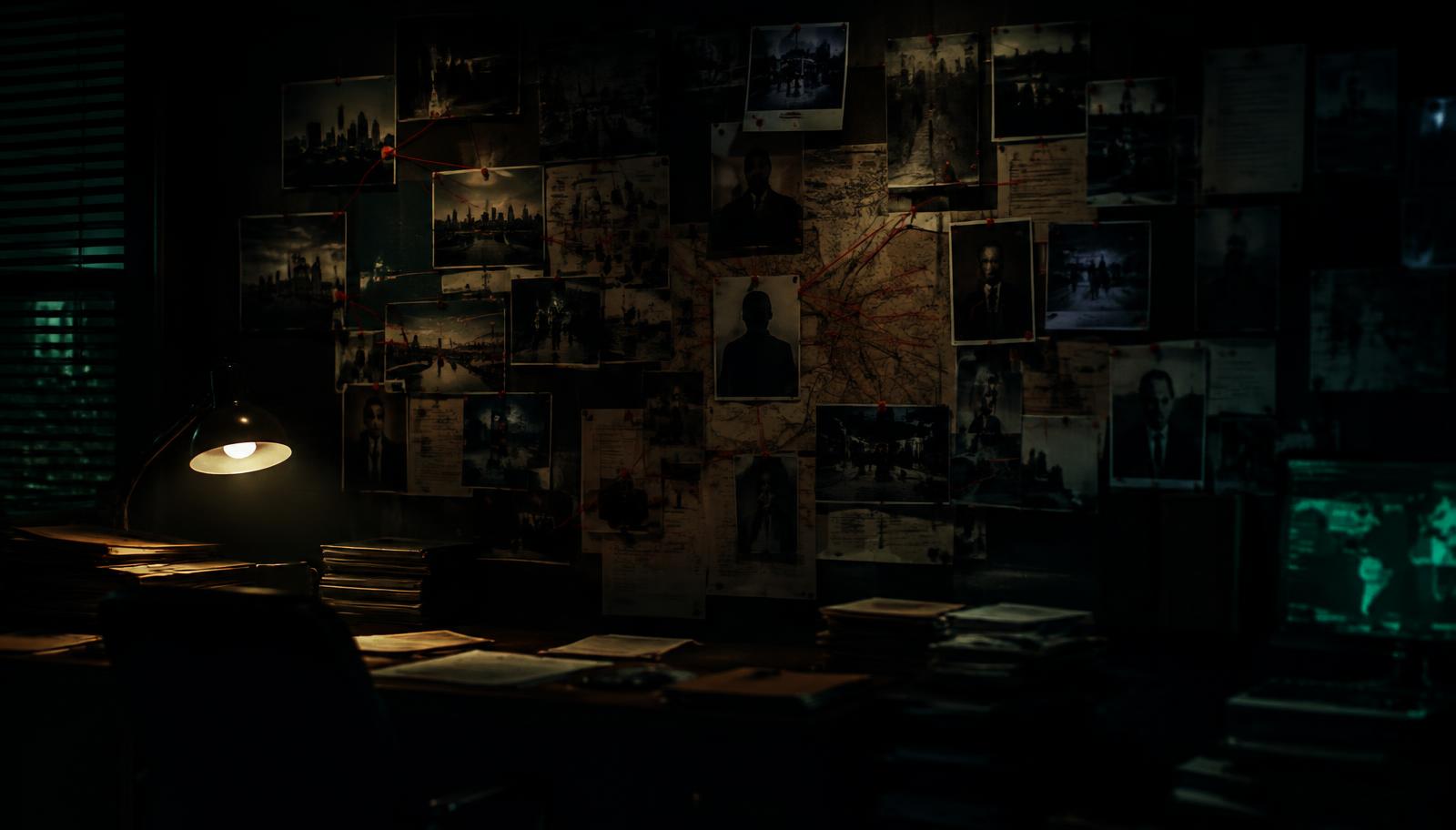 Investigation wall of pinned photographs and documents